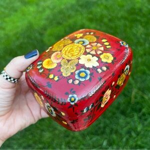 Vintage Hand Painted in Kashmir India Floral Wooden Trinket Box in Red
